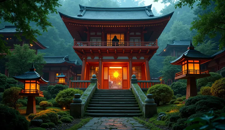 (The precincts of an old vermilion Japanese shrine that appears when you go up the mossy stone steps:1.5),(An old majestic shrine that appears when you climb the mossy stone steps lined with fantastic stone lanterns:1.5), (glowing fireflies are flying arou...