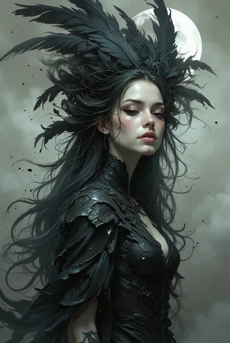 a digital artwork in a dark, surrealistic style, depicting a hauntingly beautiful young woman with pale skin and long, wet, dark hair that flows like a wild mane. Her hair is adorned with large, dark feathers that fan out dramatically, giving her an almost...