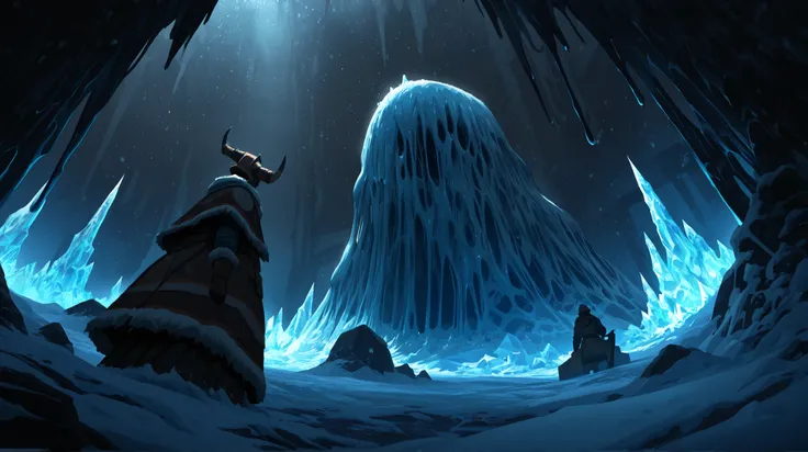 Steelworks blast furnace, a factory with neatly arranged machinery that has been in use for many years , The ice age is raging, covering the entire world with snow and ice , The melting furnace has already frozen, and ice is gushing out from inside ,  The ...