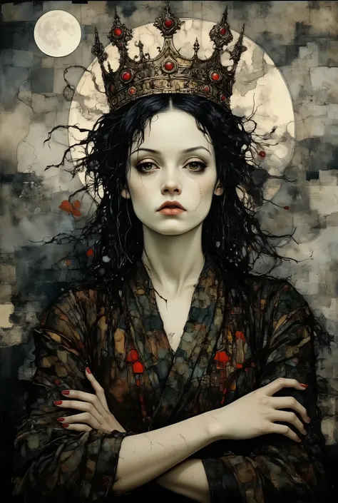 A digital work of art in a dark surreal style depicting a stunningly beautiful young woman with pale skin and long, wet, dark hair that flutters like a wild mane. Her hair is decorated with an antique Gothic-style crown decorated with large dark rubies tha...