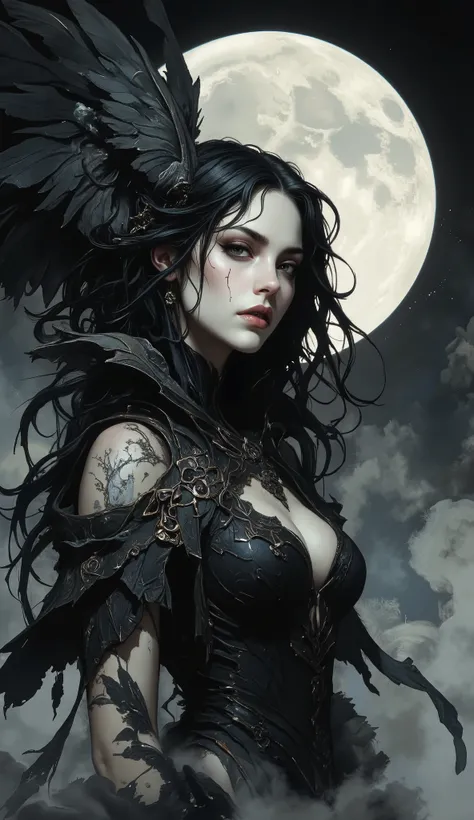 a digital artwork in a dark, surrealistic style, depicting a hauntingly beautiful young woman with pale skin and long, wet, dark hair that flows like a wild mane. Her hair is adorned with large, dark feathers that fan out dramatically, giving her an almost...
