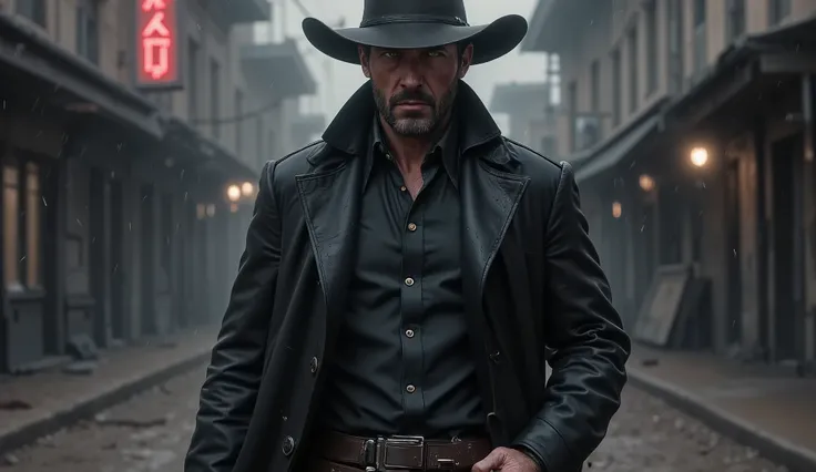 ultra-realistic cinematic mid-shot of Jack Crowley walking slowly down the foggy main street of the City of the Dead, rain-soaked muddy ground reflecting faint neon lights, his face serious and focused, with minimal visible scars, green-gray eyes fixed for...