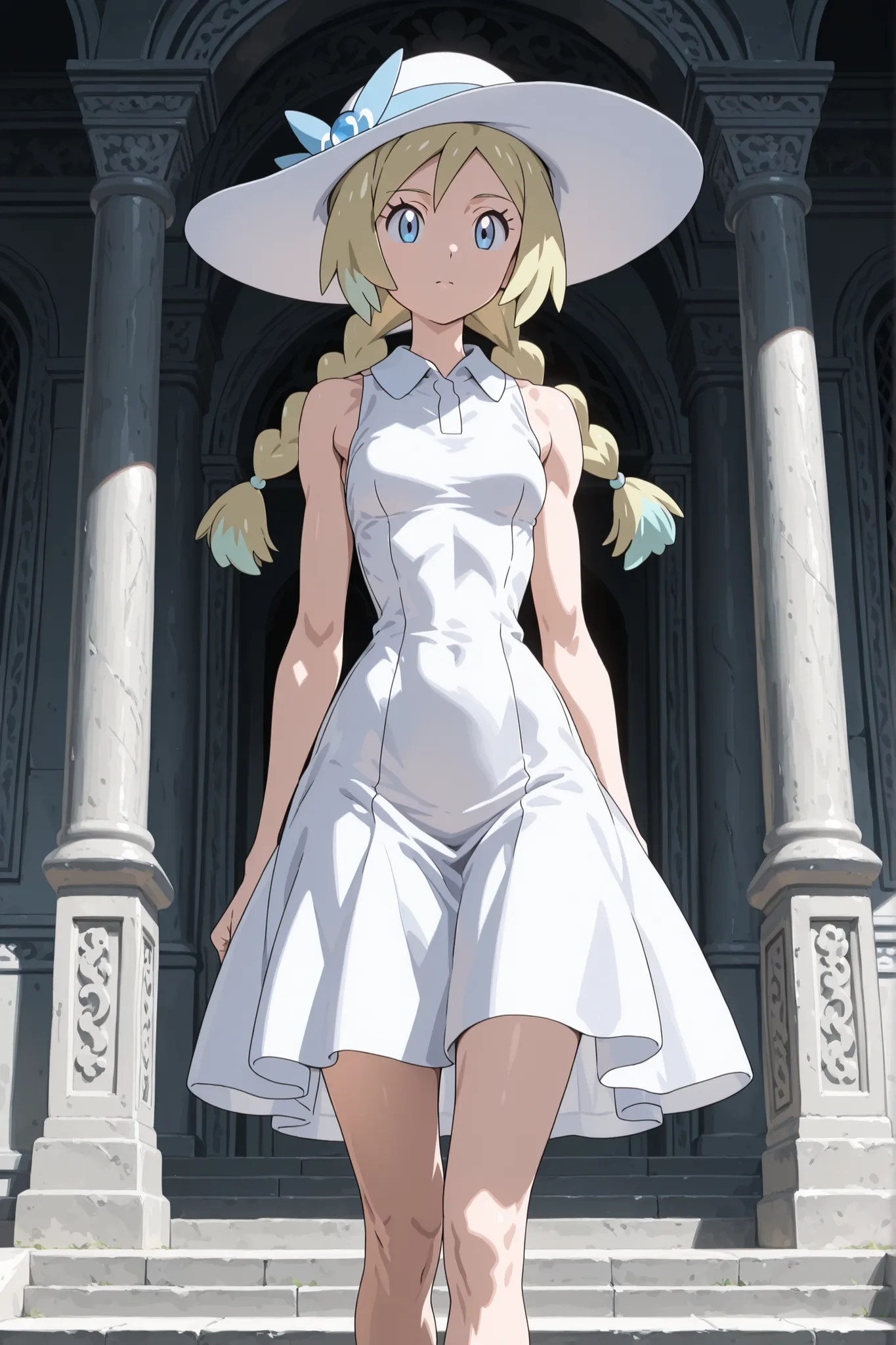a women, alone, Irida Lilie Pokémon, tight body, tall, fit body, toned body, shredded body, lean legs, tight hips, small hips, lean hips, muscular arms, muscular biceps, peaked biceps, small breasts, dressed with braid, collared dress, dress, hat, sleevele...