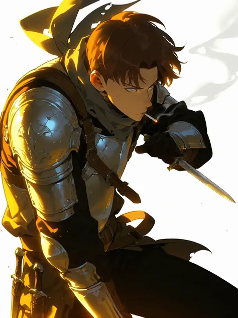Handsome, athletic, alone,male, brown hair, Swedish, light armor with furr, grey black eye, Cigarette , thick scarf, furr, fantasy light armor, solo leveling style armor, Dagger scabbards, black gloves, black pants , intricate sketch, expressive eyes, nose...