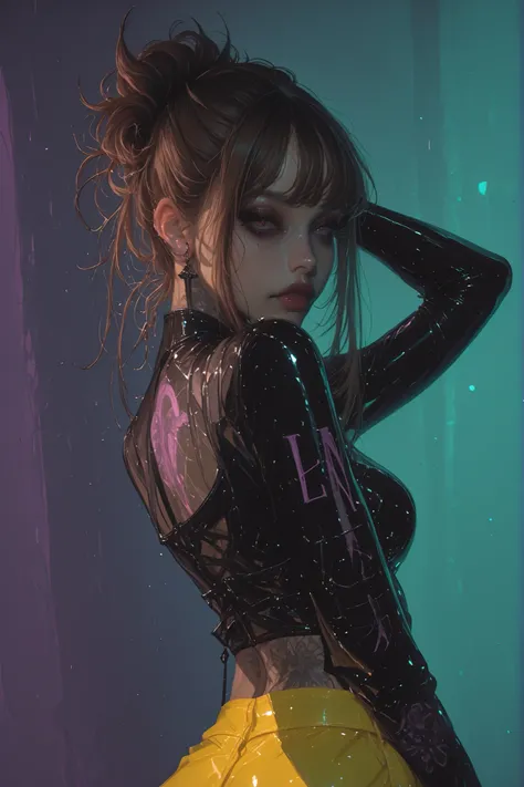 A light-skinned, tattooed woman with dark brown hair gradated to white tips and a casual updo poses gracefully against a neon green and purple background. She wears a futuristic, tight, low-cut, long-sleeved black latex top and futuristic, high-waisted yel...
