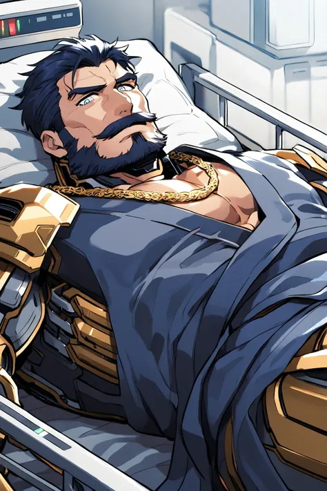 A middle-aged, muscular cyborg samurai, lying down on a bed in the hospital, wearing a dark blue color kimono, mustache, mechanical body, dark blue hair, light blue eyes, looking at the viewer, his body is made of machine, high heatstroke, wearing gold cha...