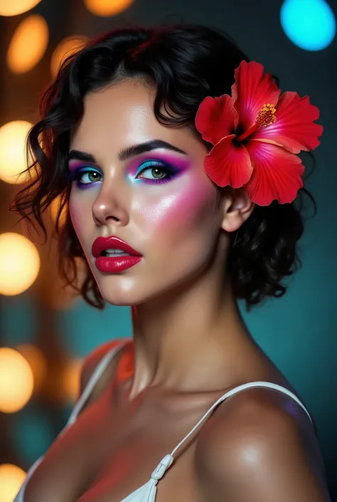 A striking, high-resolution portrait of a young woman with radiant, flawless skin and glossy, plump lips. She is styled with bold, vibrant makeup featuring vivid, multi-tonal eye shadow in shades of deep purple and electric blue, perfectly blended to creat...
