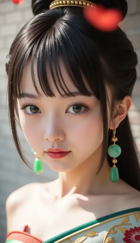 (close-up of a beautiful noble Asian woman:1.25), symmetrical and soft traits, large and deep eyes with fine outline, natural arched eyebrows, soft skin with porcelain lighting, natural red lips with light shine, serene and powerful expression, hair tied w...