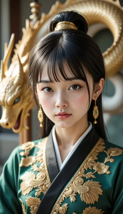 (elegant woman:1.2), (asian royal fantasy:1.3), sitting on a jade and gold throne, (majestic golden dragon coiled around her throne:1.3), intense eyes, slightly raised chin, noble expression, richly embroidered hanfu with black and gold threads, phoenix an...