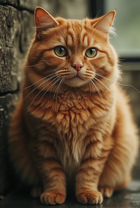 A red-haired, very cute, plump cat the size of half its body merges with the background, the color of its fur is almost identical to the color of the environment, the effect of seamless camouflage, soft lighting and barely noticeable shadows, monochromatic...