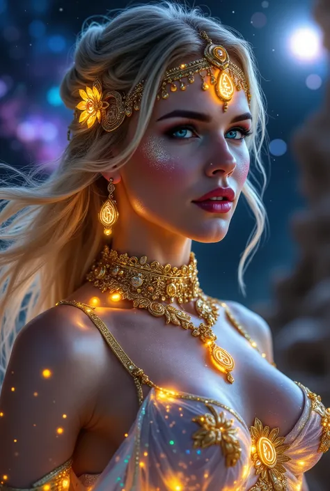 Gorgeous Galactic, A hyper-realistic portrait of a galactic female with glowing skin that shimmers with the colors of the cosmos, adorned with intricate golden ornaments and celestial jewelry. Her body is marked with luminescent runes that pulse faintly, c...