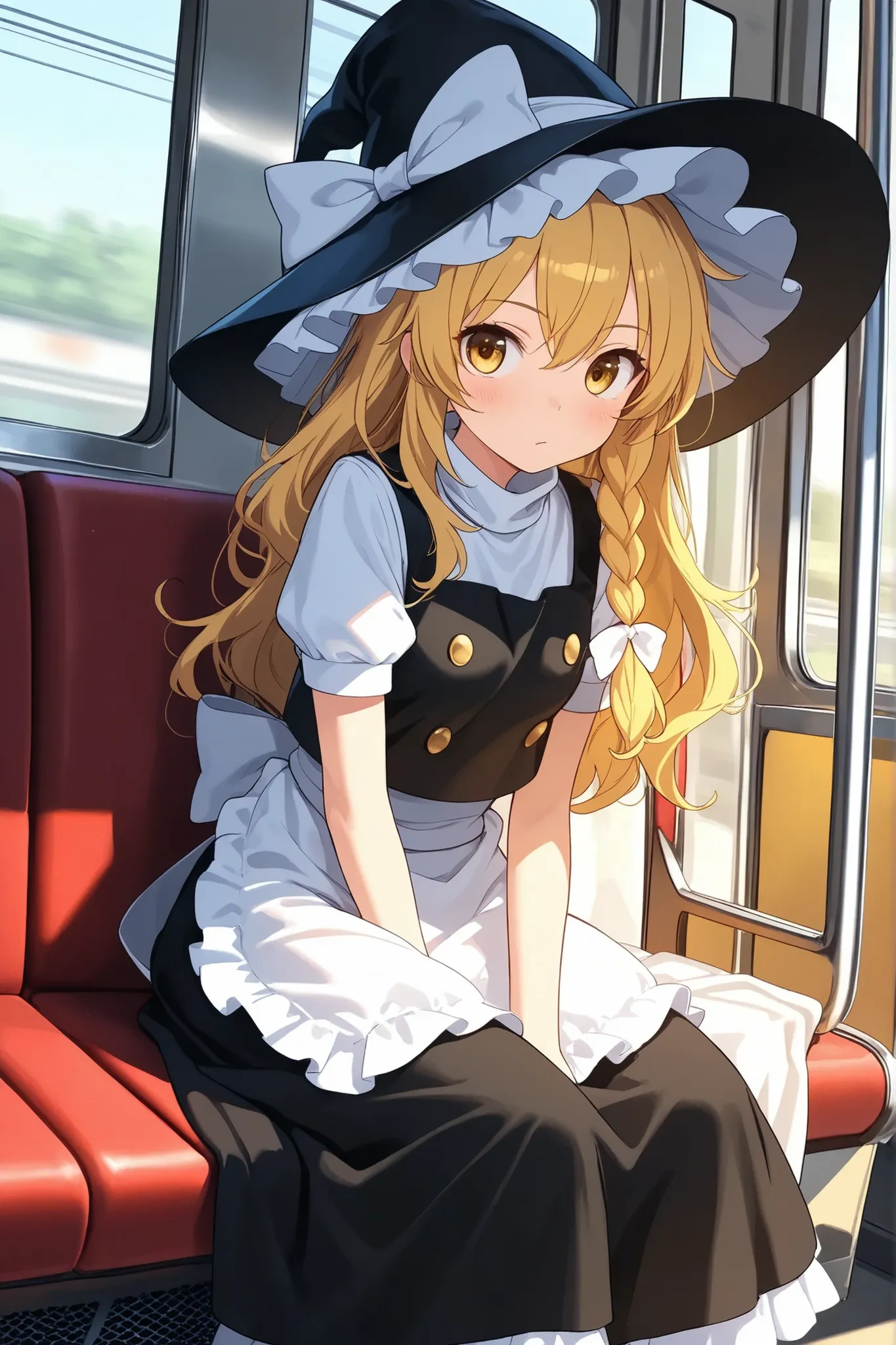 (Quality, 4k, A High Resolution, Masterpiece), Marisa Kirisame, blonde hair, long hair, side braid, golden eyes, sitting in the seats of a bus