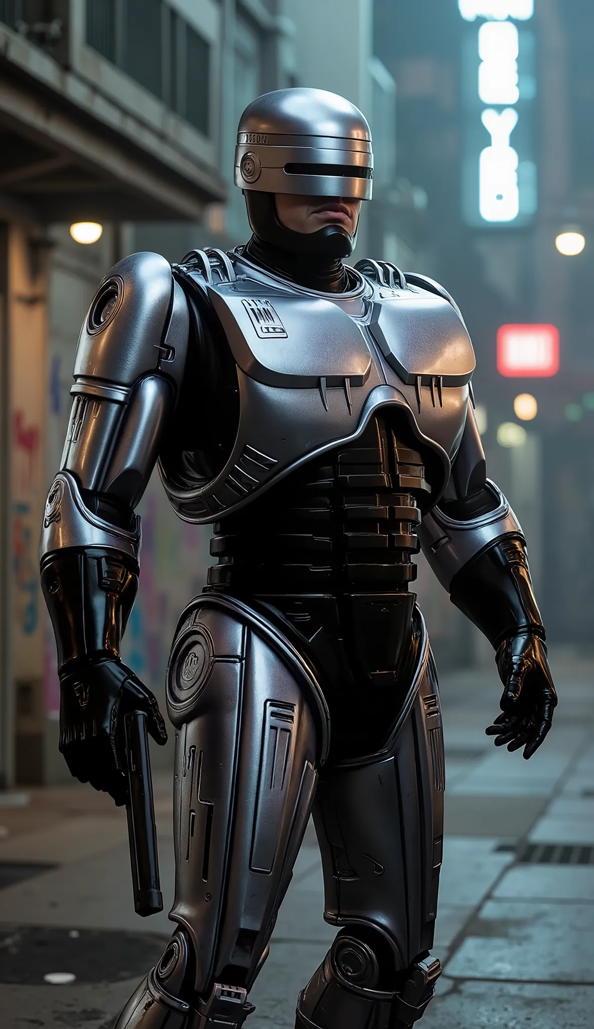 First Image – RoboCop
This character is RoboCop, a cybernetic police officer from the RoboCop film series. He's a fusion of human (Officer Alex Murphy) and machine, designed to enforce the law in a dystopian future Detroit.