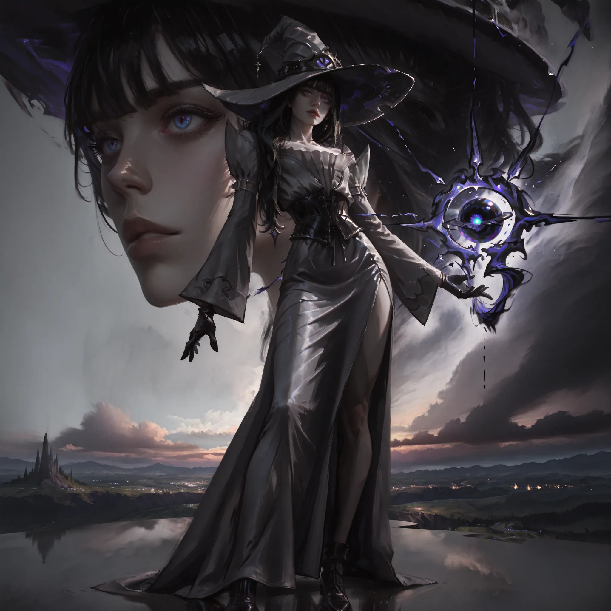 artist: wlop, masterpiece, best quality, illustration,( a young woman with pale skin), young witch, long straight night black hair , hair flowing down back, messy front bangs, blue eyes, detailed face , elegant light gray witch hat, wearing light gray eleg...