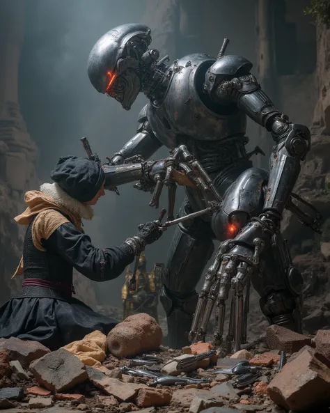  an impressive robot is armed with brilliant futuristic mechanical tools, pieces and mechanical leftovers scattered, listo to repair un enorme androide. Imposing and sinister machines of the year loom around her 3000, to repair, huge spider-shaped drones w...