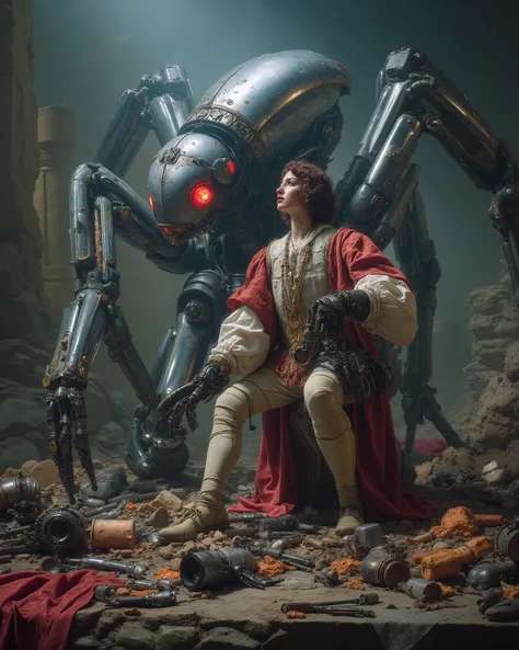  an impressive robot is armed with brilliant futuristic mechanical tools, pieces and mechanical leftovers scattered, listo to repair un enorme androide. Imposing and sinister machines of the year loom around her 3000, to repair, huge spider-shaped drones w...