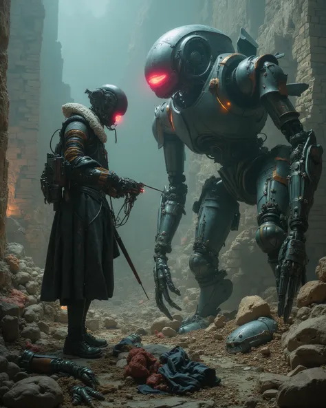 an impressive robot is armed with brilliant futuristic mechanical tools, scattered mechanical parts, listo to repair un enorme androide. Imposing and sinister machines of the year loom around her 3000, to repair, huge spider-shaped drones with metallic lim...