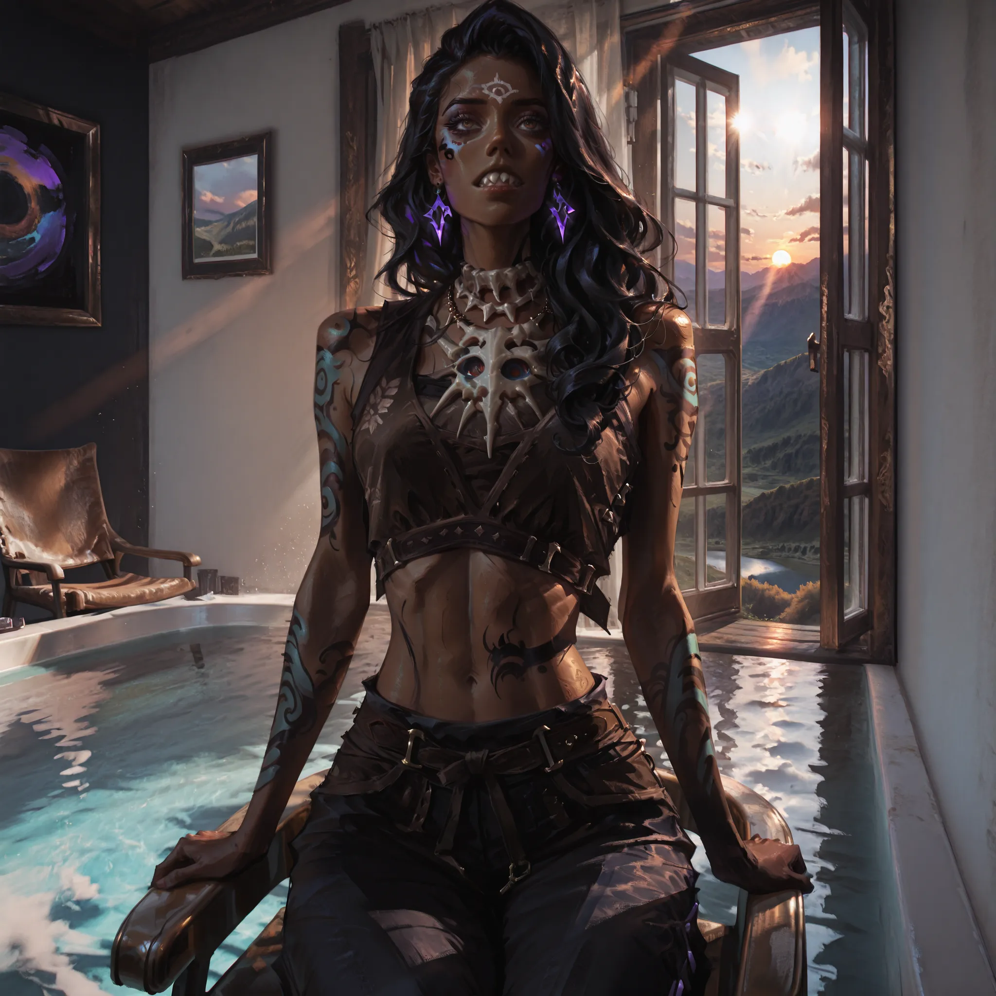 artist: wlop, masterpiece, best quality, illustration,( a young woman with brown skin), curly black hair, long hair, brown eyes , voluminous side parted hair, detailed face, black and brown sleeveless outfit , elegant warrior top and bottom set showing sto...