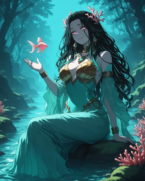 (masterpiece, very detailed, vivid colors, 4k), {1woman}:(A stunning indigenous Brazilian woman with long, wavy black hair and pale pink eyes sits on a moss-covered river rock, her lower half glistening with iridescent pink fish scales. Her expression is s...