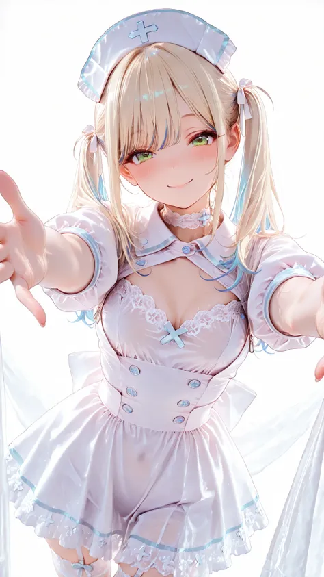 small breasts,(white background:1.3)green eyes,double_buns,Light blonde with blue highlights at the ends,high twintails hair, frilly white nurse uniform with a revealing neckline, soft cleavage window, cute and feminine design,stretched fabric over chest, ...