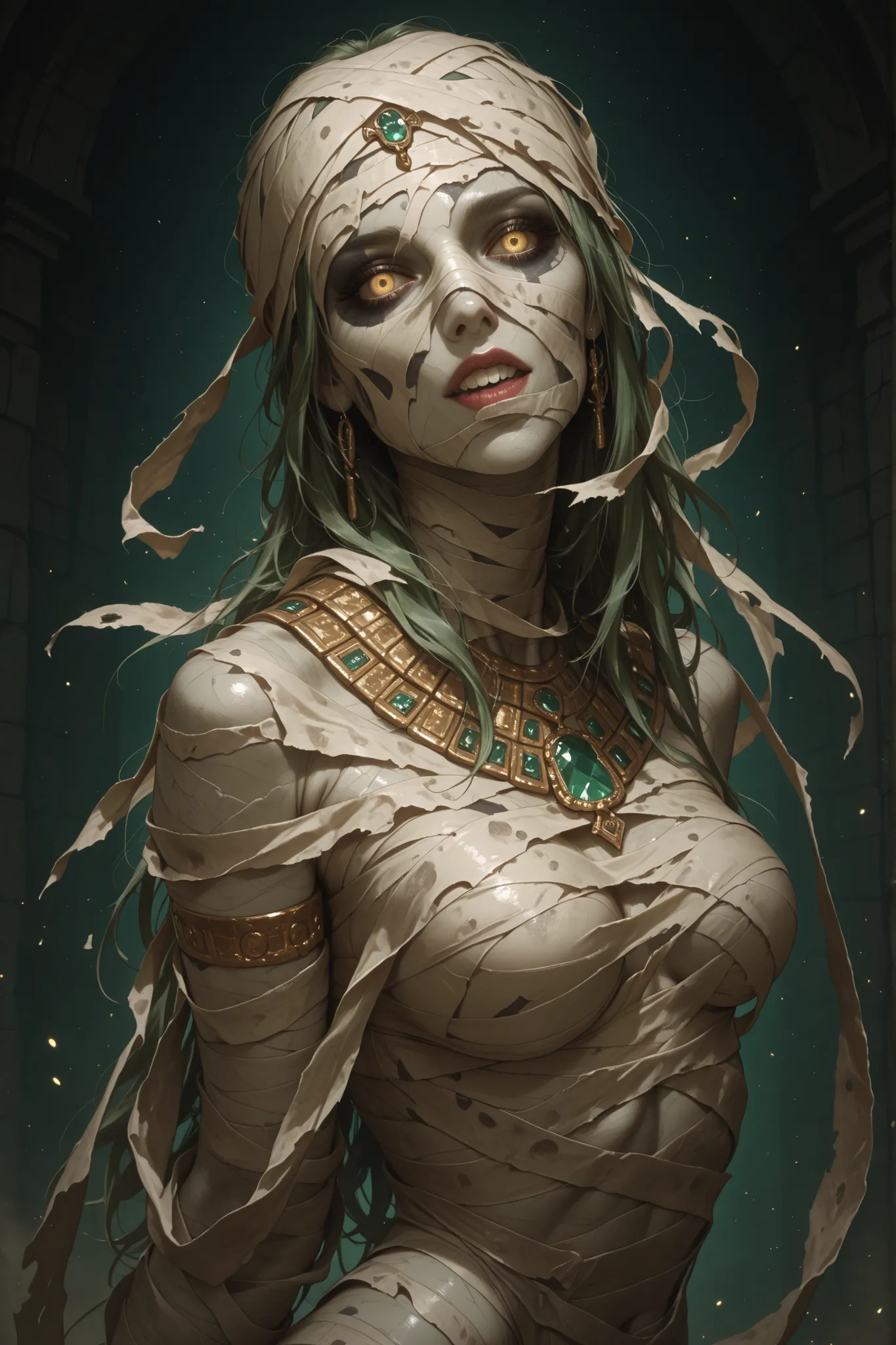 A hyperrealistic digital illustration of a female pharaoh's mummy, with pale, rotten skin and yellow eyes. Her body is wrapped in bandages that unravel in certain places. She looks terrifying yet sexy, adorned with gold and diamond jewelry.

Her poses are ...