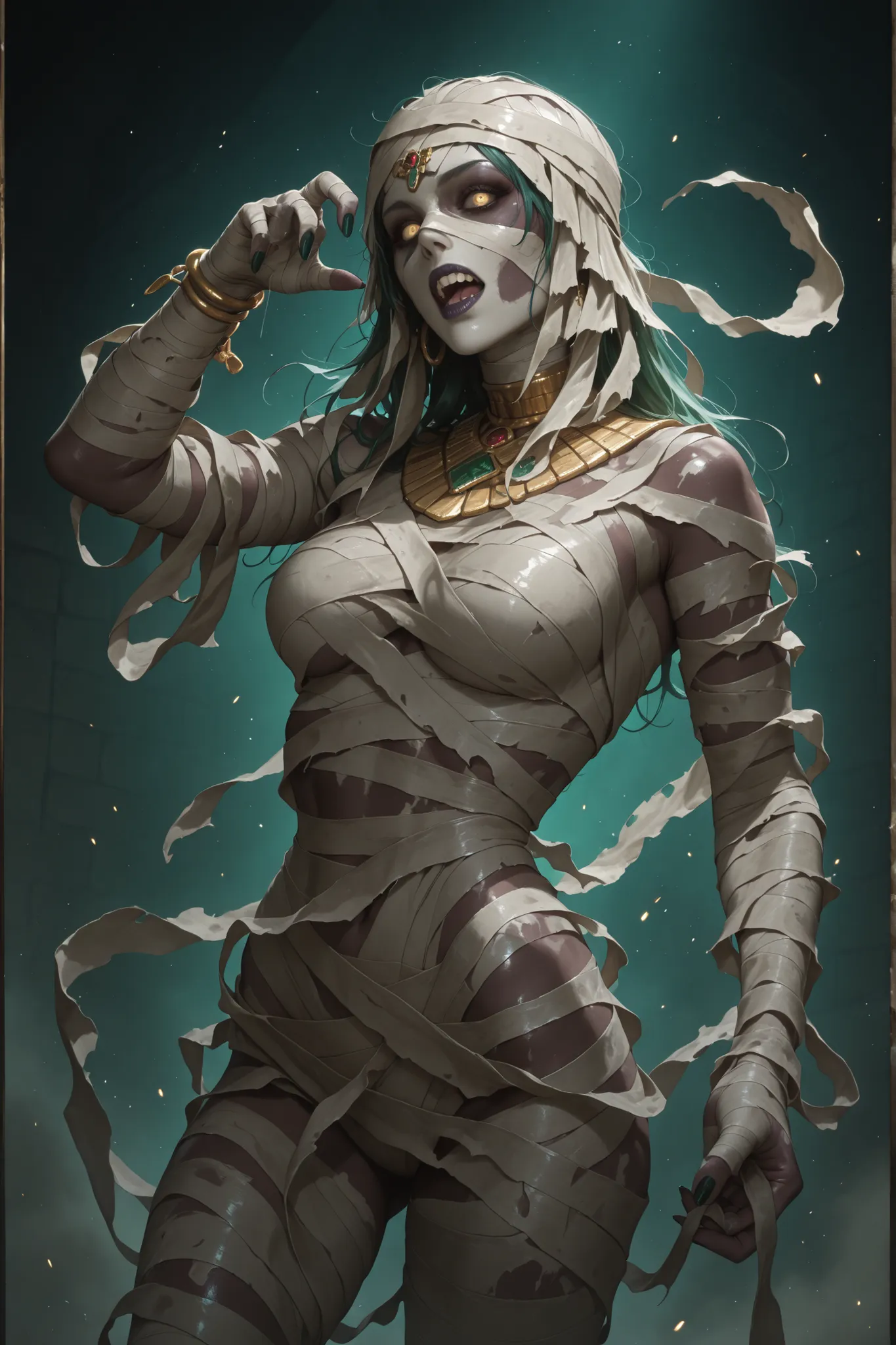A hyperrealistic digital illustration of a female pharaoh's mummy, with pale, rotten skin and yellow eyes. Her body is wrapped in bandages that unravel in certain places. She looks terrifying yet sexy, adorned with gold and diamond jewelry.

Her poses are ...