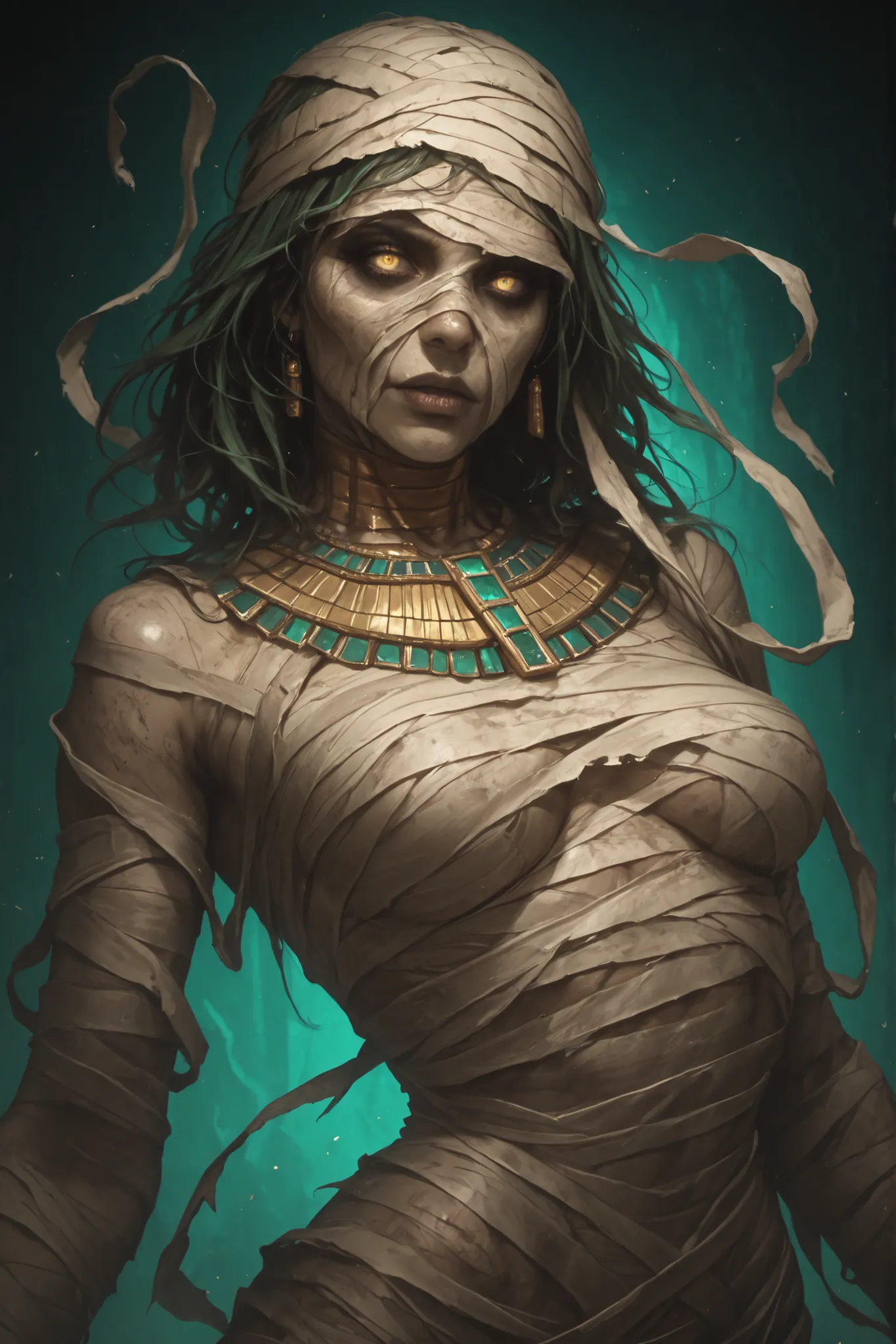 A hyperrealistic digital illustration of a female pharaoh's mummy, with pale, rotten skin and yellow eyes. Her body is wrapped in bandages that unravel in certain places. She looks terrifying yet sexy, adorned with gold and diamond jewelry.

Her poses are ...