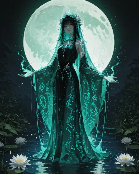 A mysterious indigenous Brazilian woman with long, flowing dark hair and gentle eyes, wearing a white ceremonial dress made of soft plant fibers, stands waist-deep in a calm, moonlit Amazon river, Around her, large, circular water lilies (Victoria amazonic...