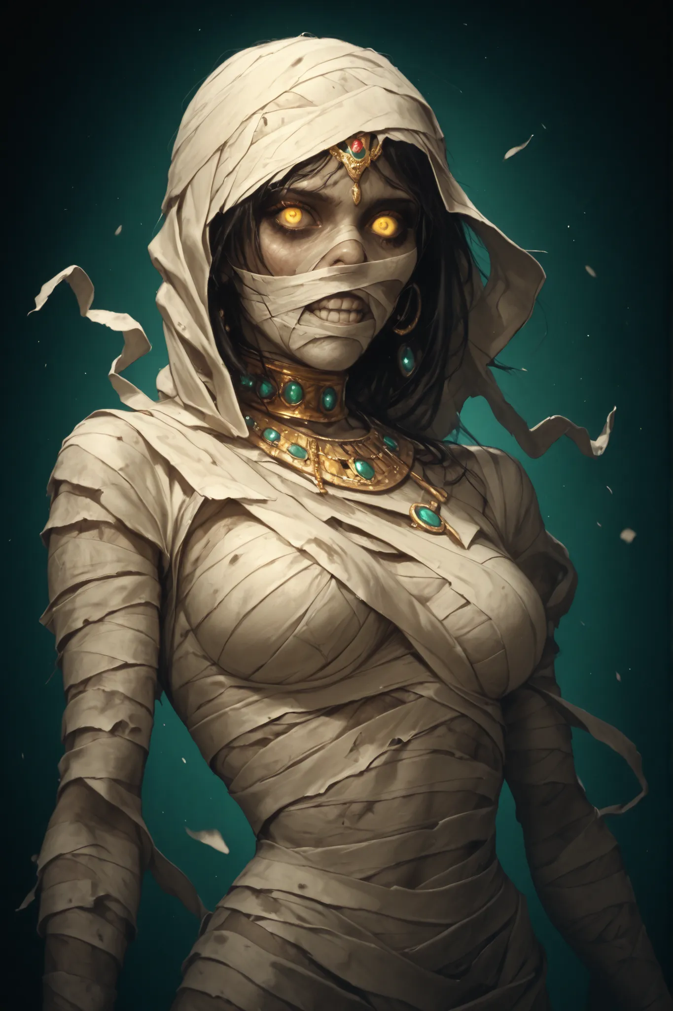 A hyperrealistic digital illustration of a female pharaoh's mummy, with pale, rotten skin and yellow eyes. Her body is wrapped in bandages that unravel in certain places. She looks terrifying yet sexy, adorned with gold and diamond jewelry.

Her poses are ...