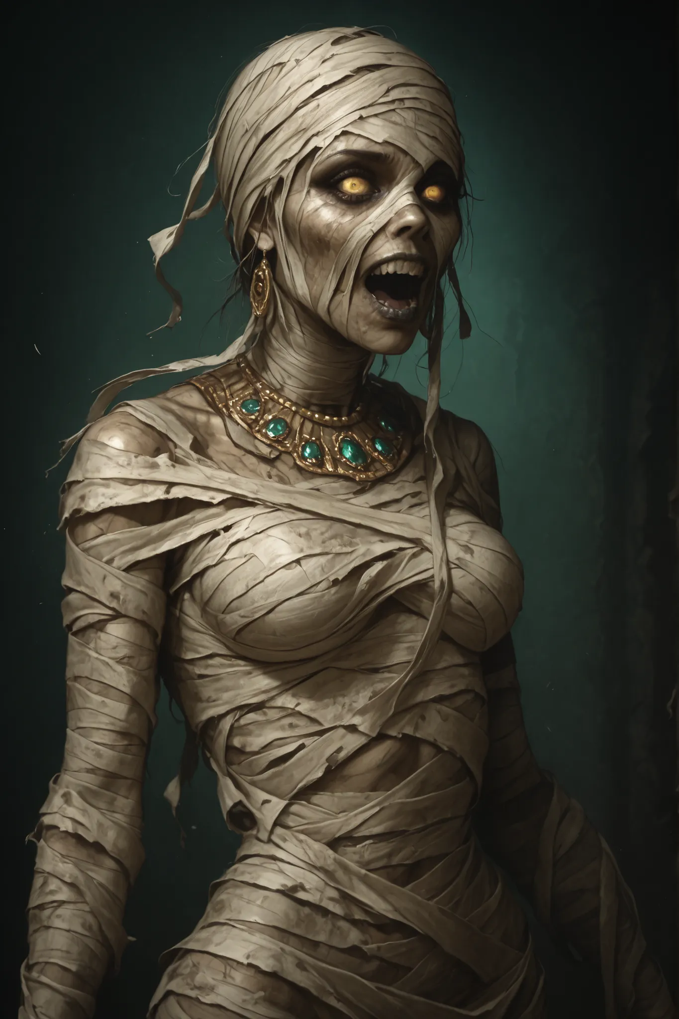 A hyperrealistic digital illustration of a female pharaoh's mummy, with pale, rotten skin and yellow eyes. Her body is wrapped in bandages that unravel in certain places. She looks terrifying yet sexy, adorned with gold and diamond jewelry.

Her poses are ...