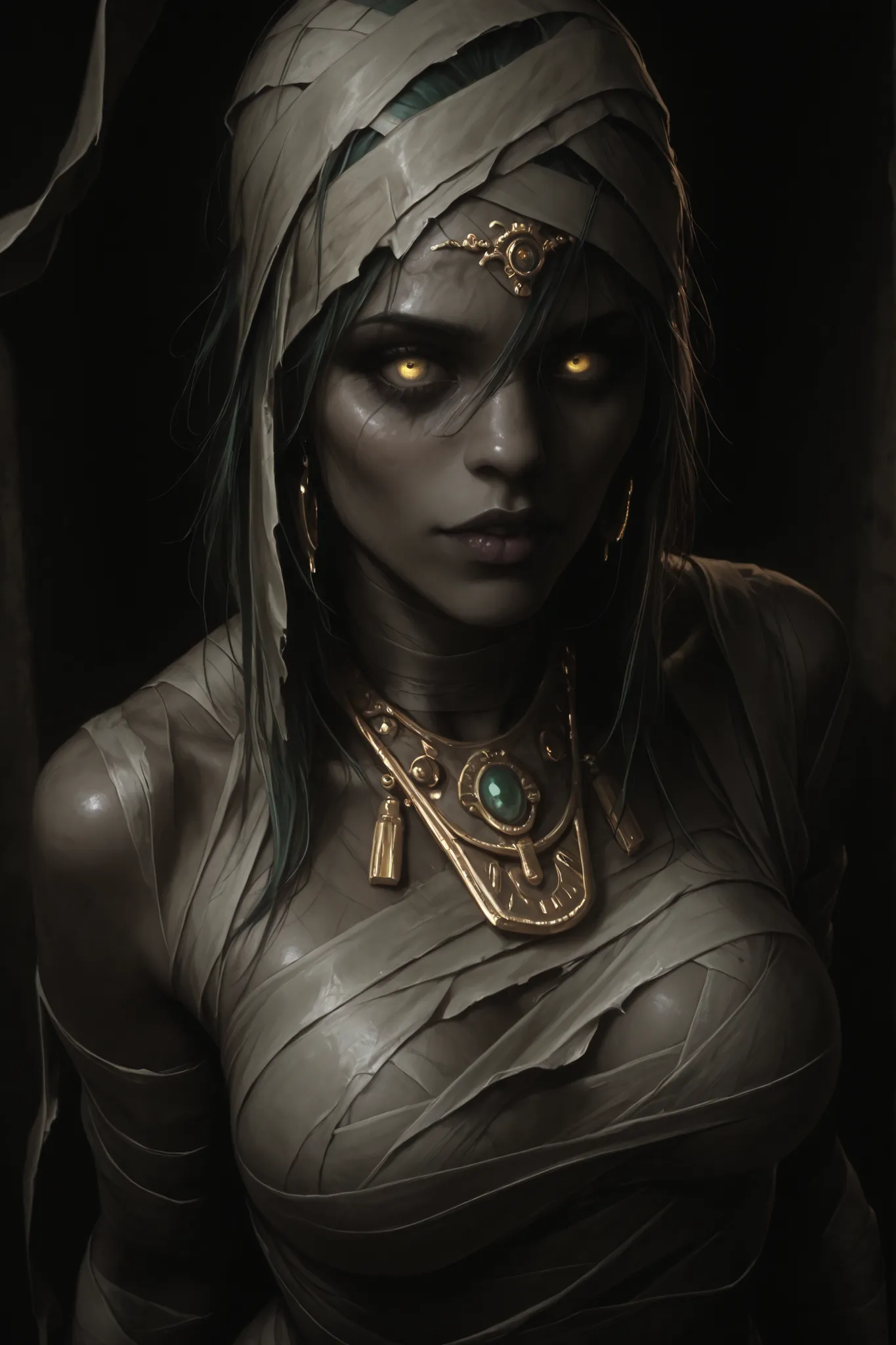 A hyperrealistic digital illustration of a female pharaoh's mummy, with pale, rotten skin and yellow eyes. Her body is wrapped in bandages that unravel in certain places. She looks terrifying yet sexy, adorned with gold and diamond jewelry.

Her poses are ...