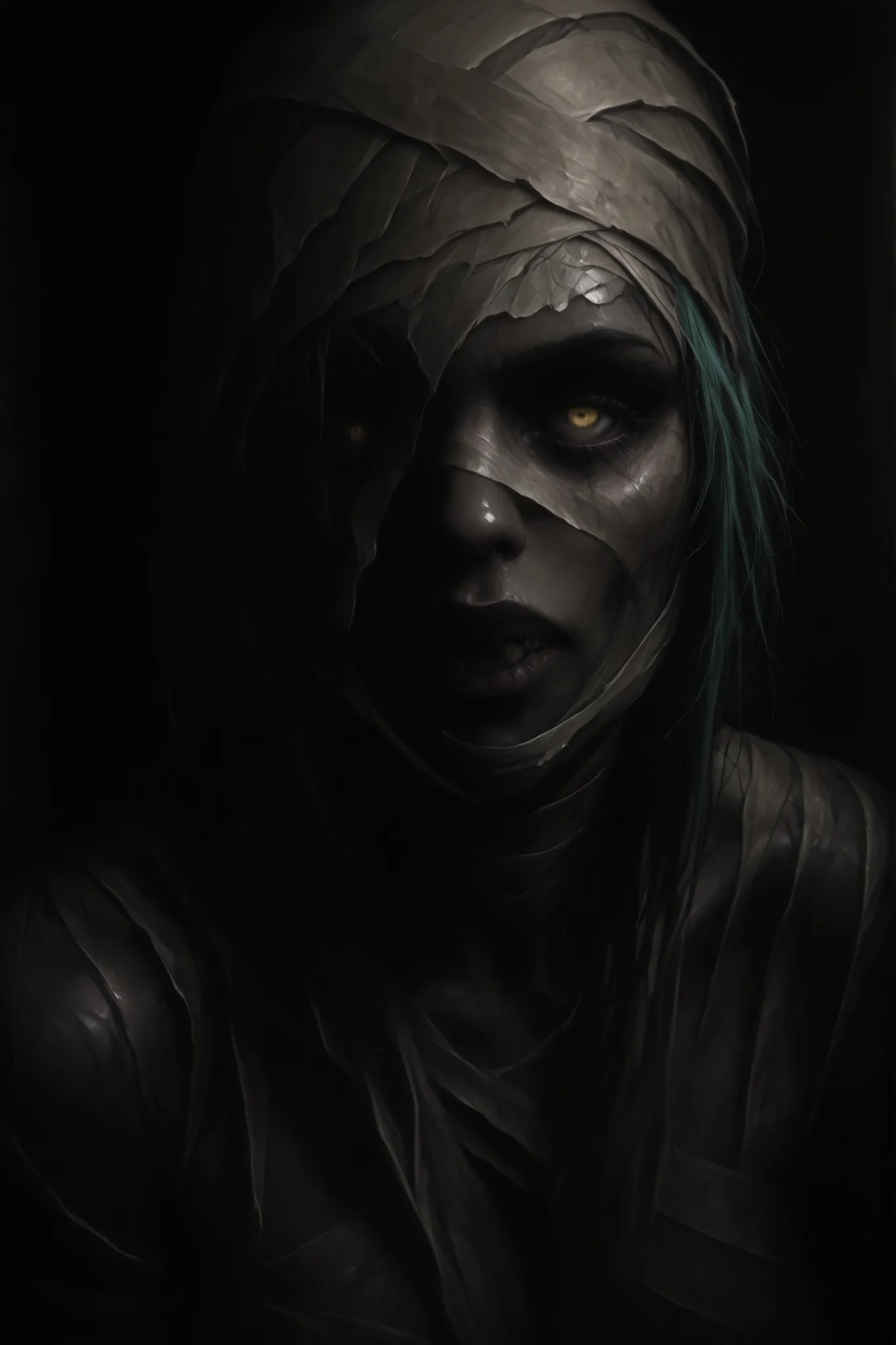 A hyperrealistic digital illustration of a female pharaoh's mummy, with pale, rotten skin and yellow eyes. Her body is wrapped in bandages that unravel in certain places. She looks terrifying yet sexy, adorned with gold and diamond jewelry.

Her poses are ...