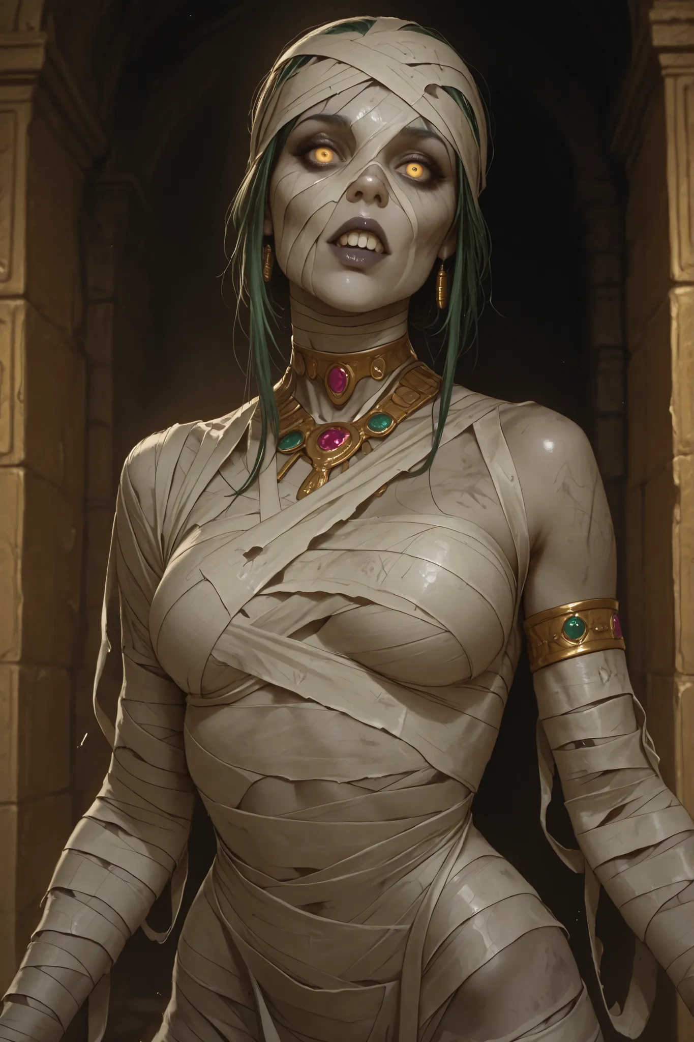 A hyperrealistic digital illustration of a female pharaoh's mummy, with pale, rotten skin and yellow eyes. Her body is wrapped in bandages that unravel in certain places. She looks terrifying yet sexy, adorned with gold and diamond jewelry.

Her poses are ...