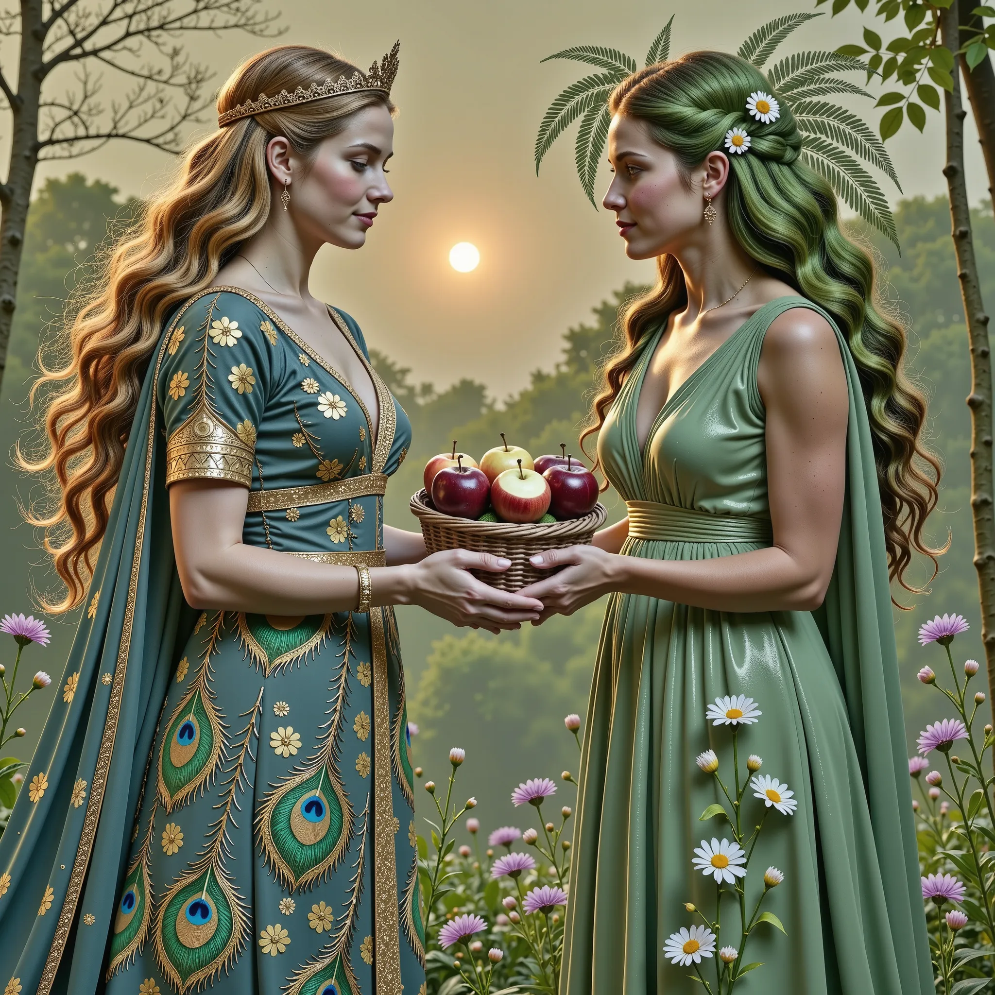 In a celestial garden bathed in soft golden light, Hera, Queen of the Gods, and Gaia, Titan of Earth, stand face to face with regal elegance and equal stature. Hera wears a flowing royal gown adorned with peacock feathers and gold embroidery, exuding divin...