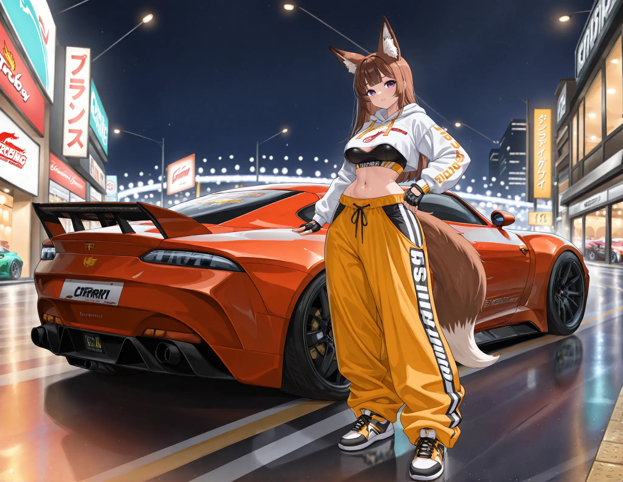 (1girl, solo, fox ears, brown ears, fox tail, brown tail, brown hair, long hair, bangs, beautiful face, purple eyes, beautiful breasts, navel, wide hips, cropped hoodie, baggy oversized pants, harem pants, stripe prints, street sneakers, fingerless racing ...