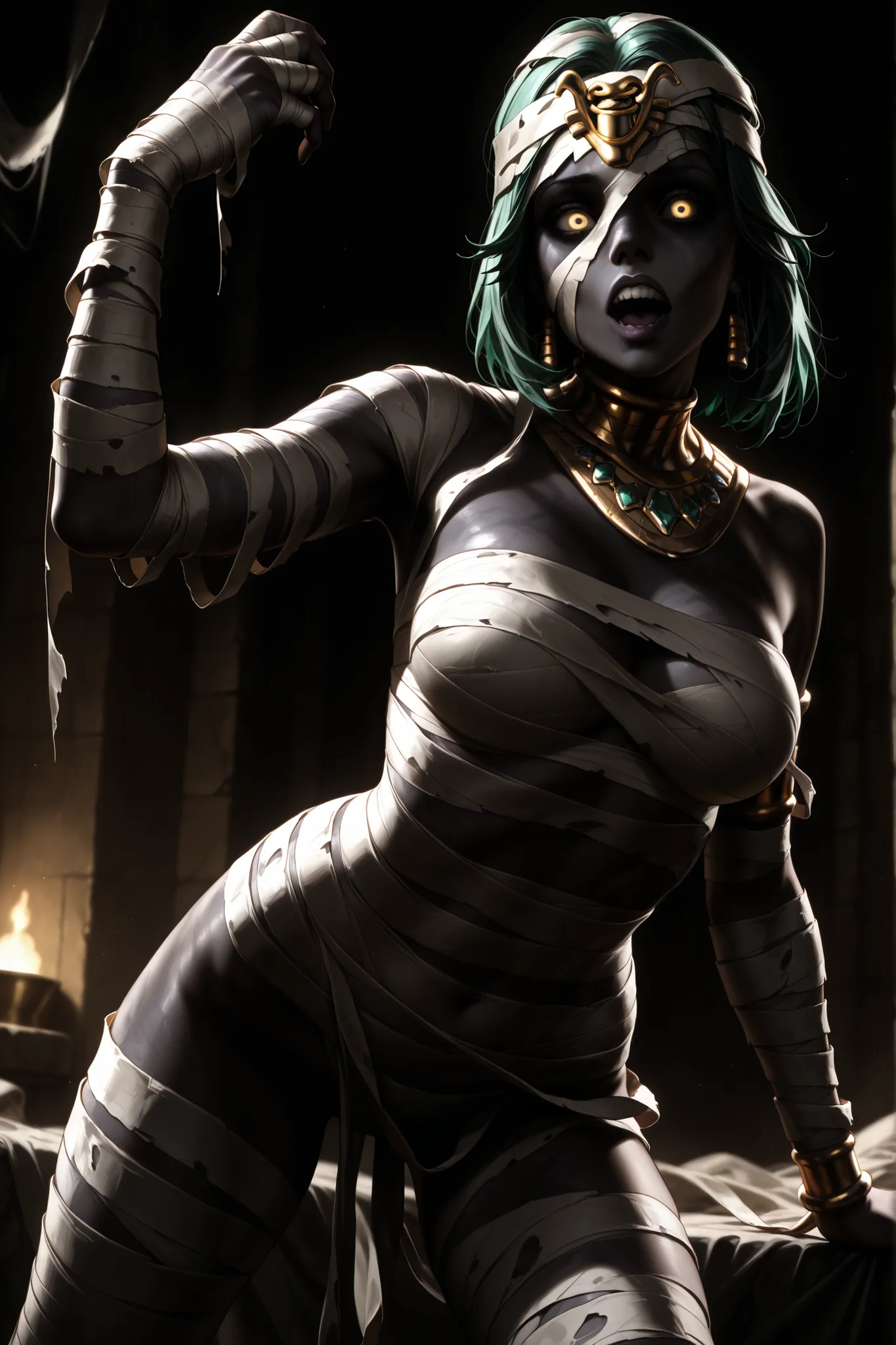 A hyperrealistic digital illustration of a female pharaoh's mummy, with pale, rotten skin and yellow eyes. Her body is wrapped in bandages that unravel in certain places. She looks terrifying yet sexy, adorned with gold and diamond jewelry.

Her poses are ...