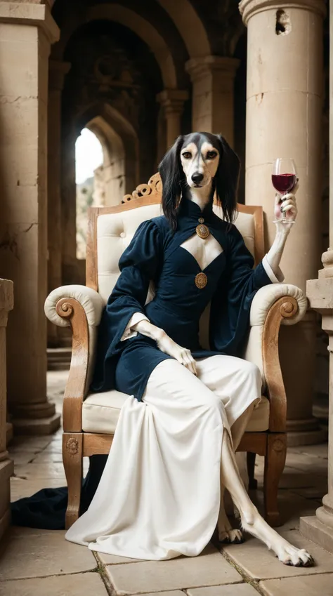 serious girl sitting on a stone throne holding a glass of wine dressed as a queen. Set against an decaying throne room with decaying tapestries. saluki, greyhound, borzoi, sighthound, beautiful eyes, golden eyes, paws, (black fur), flat chest, grim dark, ...