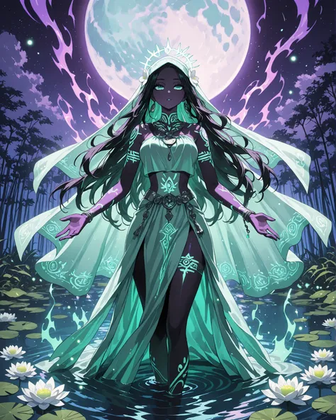 A mysterious indigenous Brazilian woman with long, flowing dark hair and gentle eyes, wearing a white ceremonial dress made of soft plant fibers, stands waist-deep in a calm, moonlit Amazon river, Around her, large, circular water lilies (Victoria amazoni...