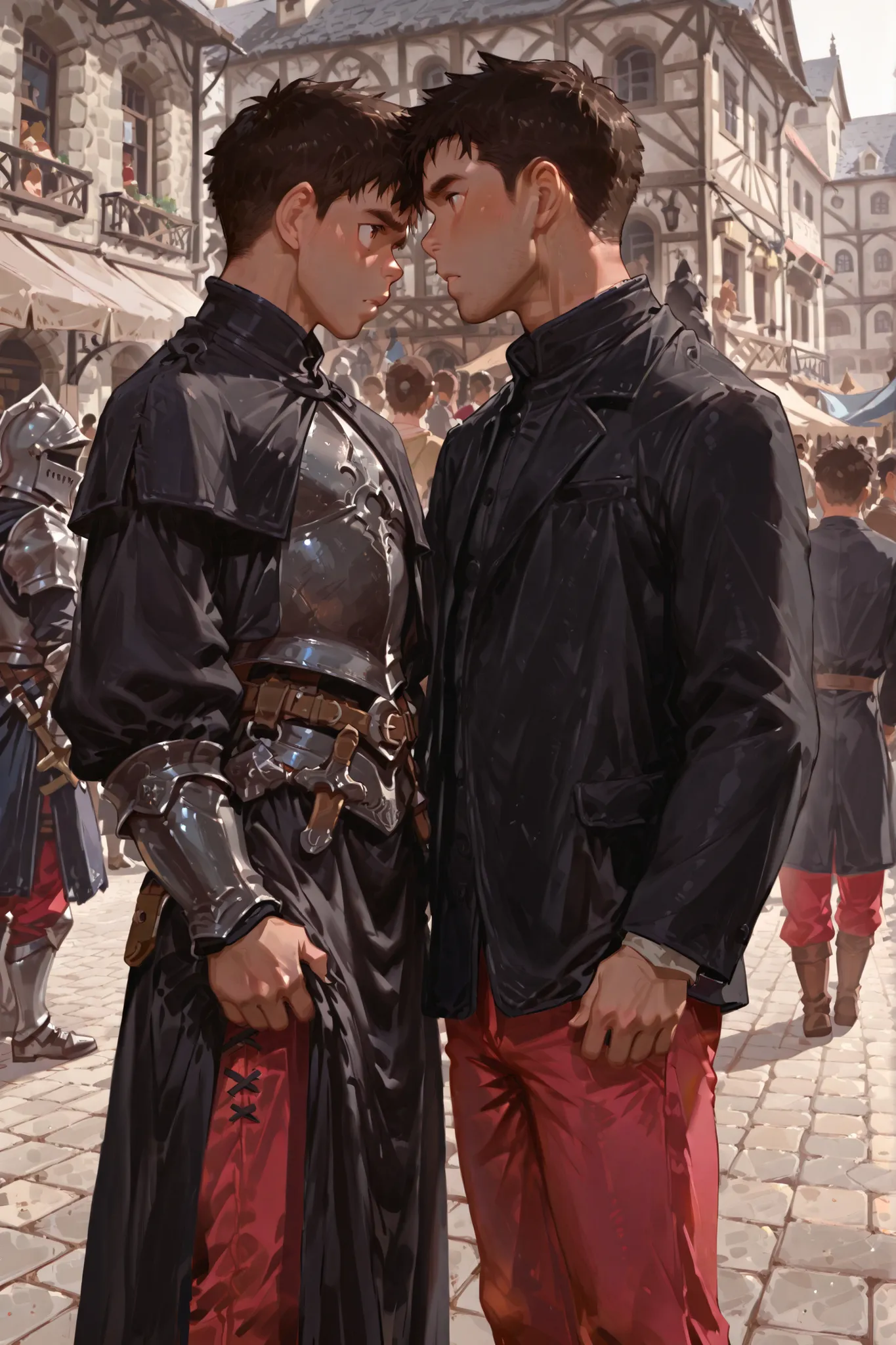 people are on the very classic anient medieval street, their clothes are all different , look around, wome who dressed poor dress or the man who wear black jacket and red pants, or medieval knight showing his face and wear a metal costume
