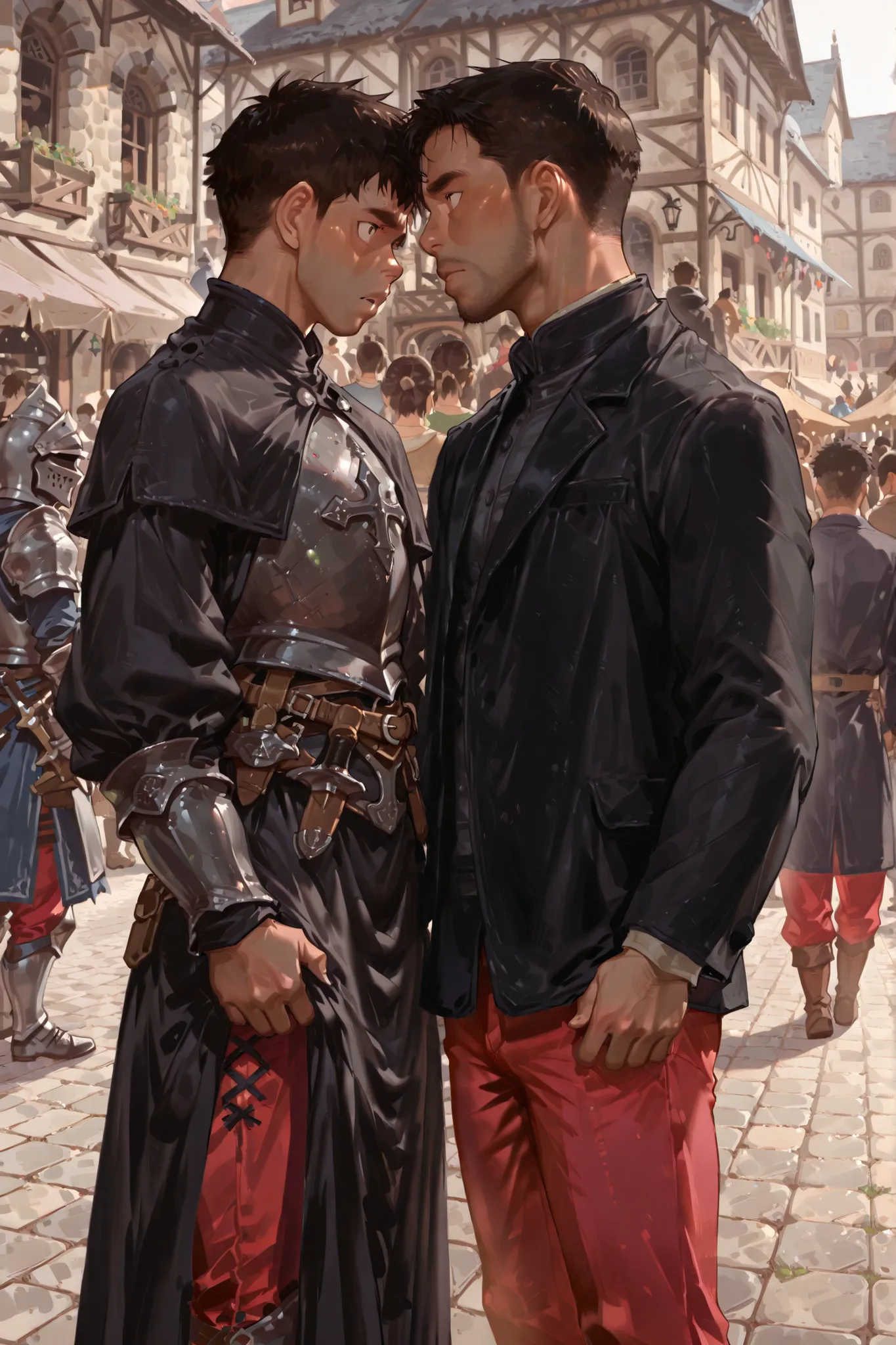 people are on the very classic anient medieval street, their clothes are all different , look around, wome who dressed poor dress or the man who wear black jacket and red pants, or medieval knight showing his face and wear a metal costume, 2people is hands...