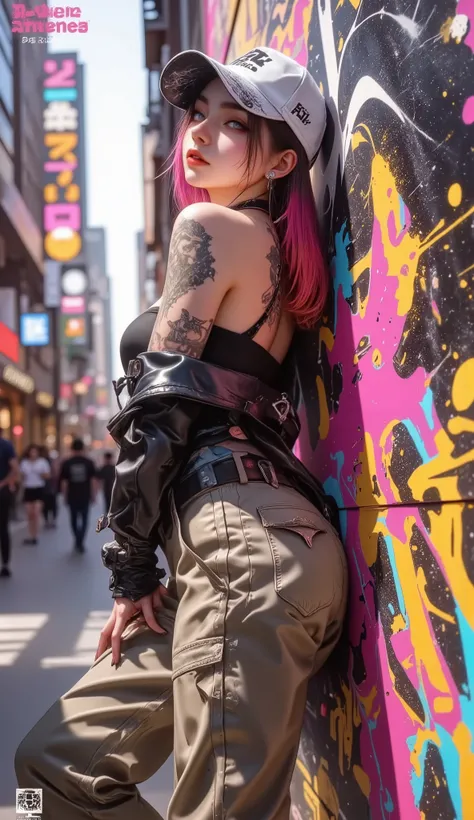 style-paintmagic， masterpiece, Highest quality、Extremely Detailed CG Uniform 8K Wallpaper,  A Fashion Girl  , alone, Off-the-shoulder jacket, Khaki pants, Shark Cap, (Graffiti: 1.5), paint splash , Paint dripping, Arms behind, leaning against a wall, Watch...