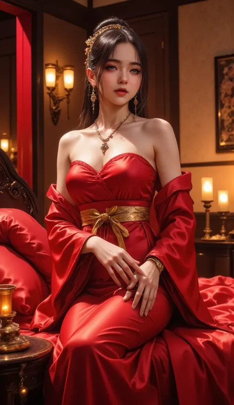 Hourglass body shape ,Perfect body ,Wide hips ,Narrow waist ,Round ass,Big breasts ,Wu Zetian di private chamber malam-malam, berbaring menggoda di ranjang imperial dengan silk sheets merah, inner hanfu putih transparan, outer robe ungu terbuka memperlihat...