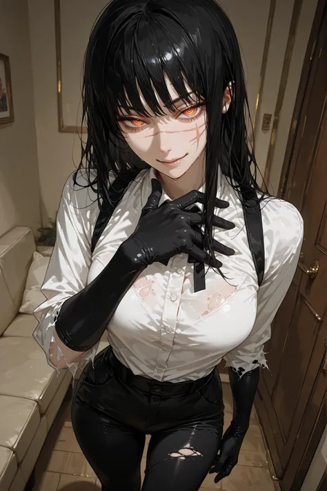 1girl, yoru (chainsaw man), scar on cheek, cross scar, long hair, black hair, yellow/red eyes, ringed eyes, seductive look, ironic smile, sweat, looking at viewer, white shirt, torn sleeves, elbow-length gloves, black gloves, tight black pants, standing, i...