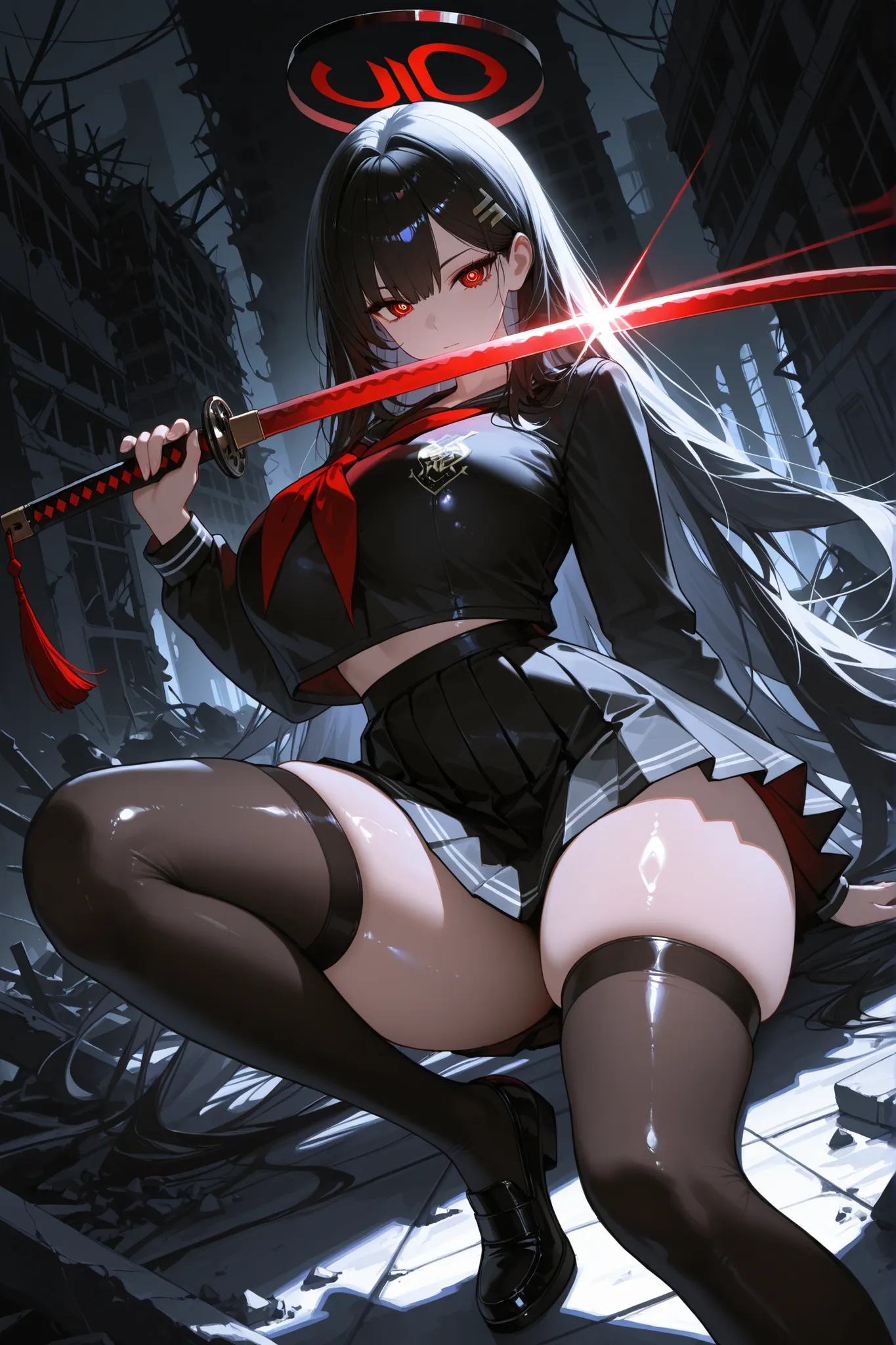 1girl, solo, mature woman, rioba, red eyes, ringed eyes, white pupils, halo, large breasts, very long hair, hairclip, curvy, thick thighs, voluptuous, alternate costume, bright skin, black school uniform, pleaded skirt, black skirt, black stockings, skinde...