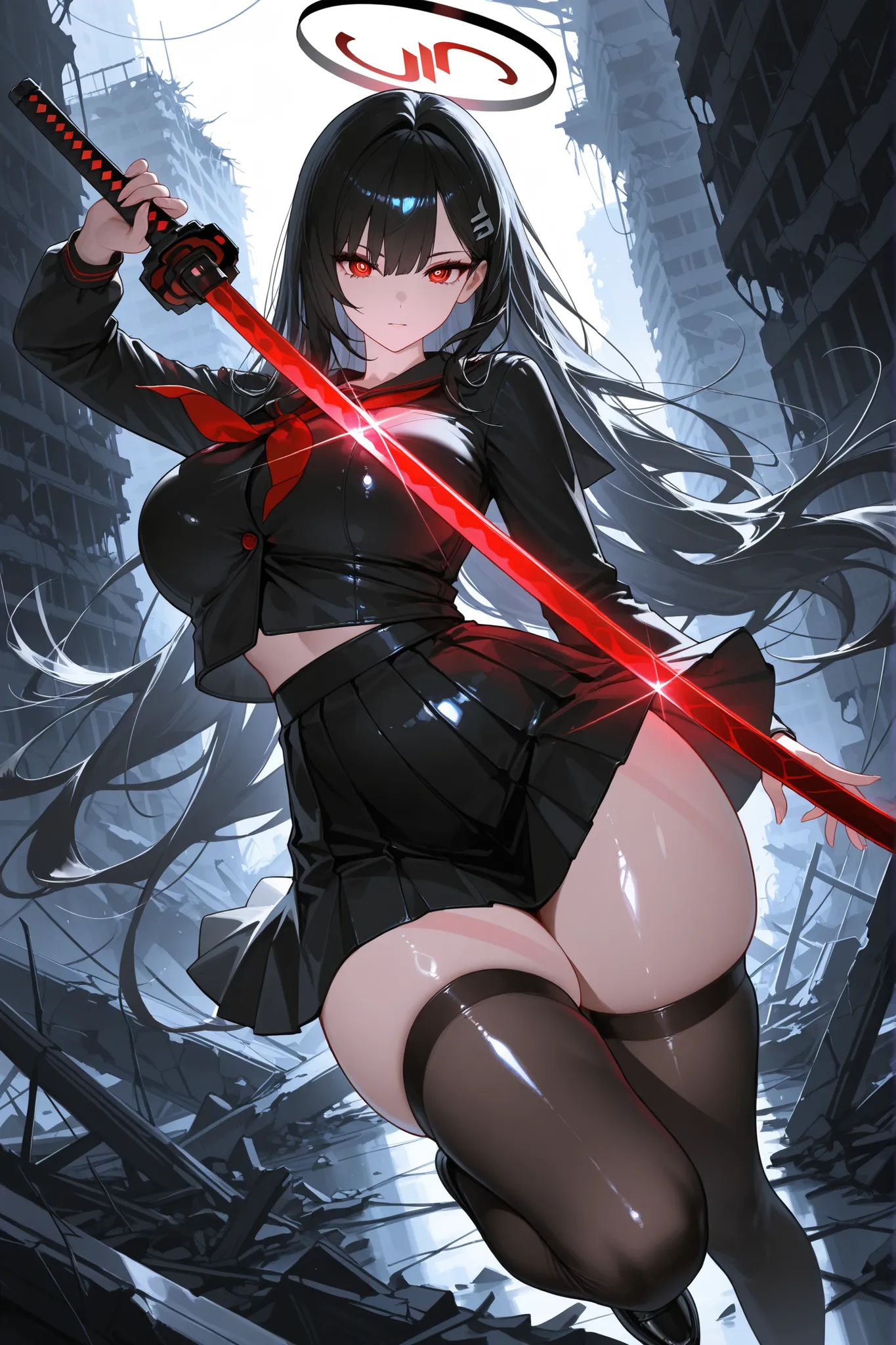 1girl, solo, mature woman, rioba, red eyes, ringed eyes, white pupils, halo, large breasts, black hair, very long hair, hairclip, curvy, thick thighs, voluptuous, alternate costume, bright skin, black school uniform, pleaded skirt, black skirt, black stock...