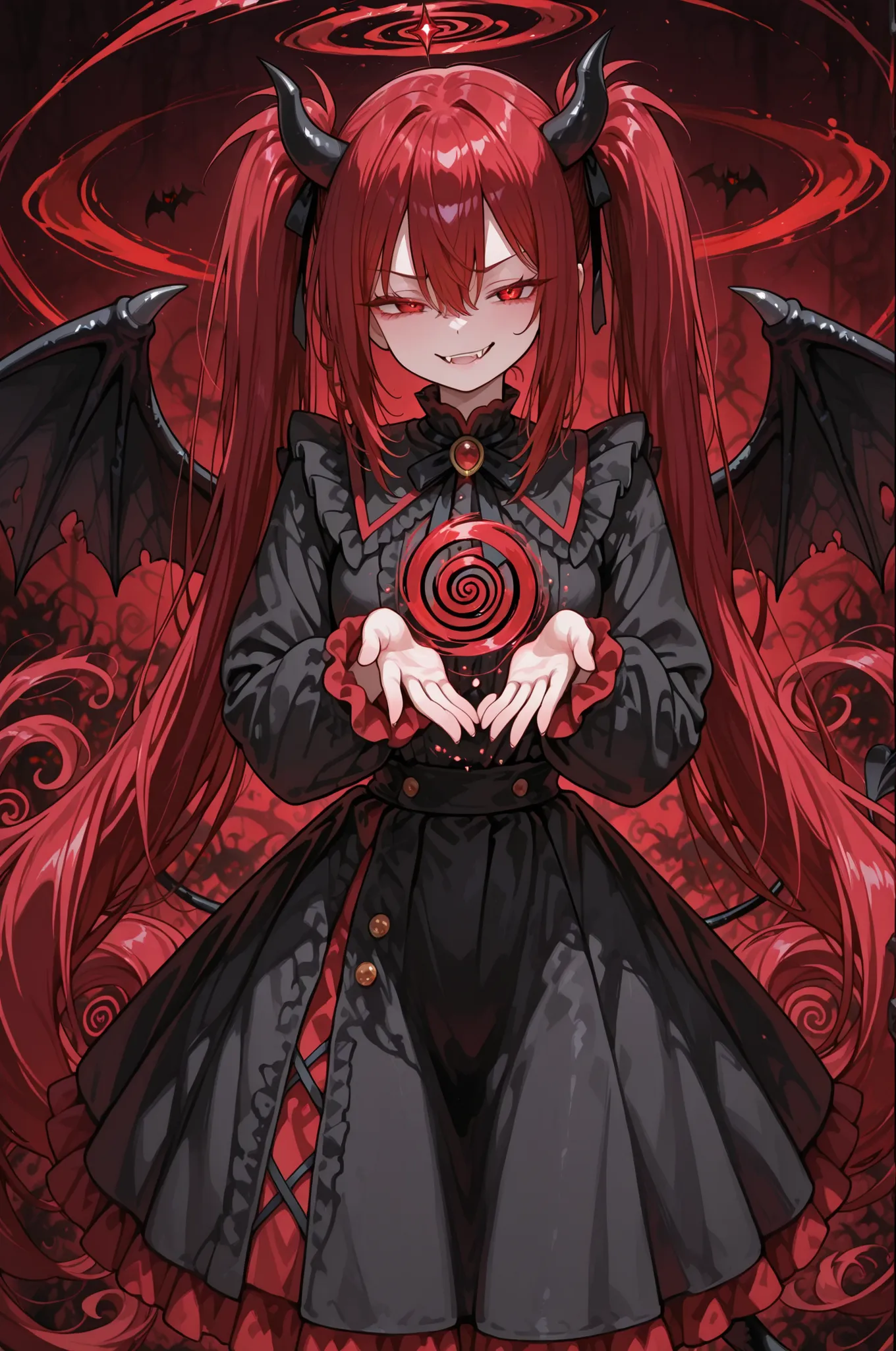 spiral, spiral streak, spiral red energie, spiral magic, spiral around body,748cmstyle, anime, Nice demon girl , big demon dark black wings, intense red eyes, very long long long twintails, lucidblack hair , smirk, fangs, ethereal Hell in background.