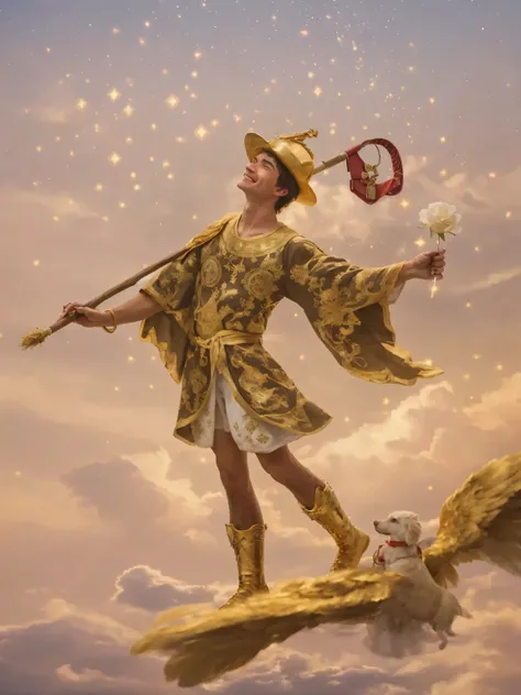 A joyful young man standing at the edge of a cliff under a soft, pastel sky filled with twinkling stars and warm golden clouds. He wears a royal blue tunic embroidered with gold, and a golden feathered hat with a red ribbon. In his right hand he holds a wh...