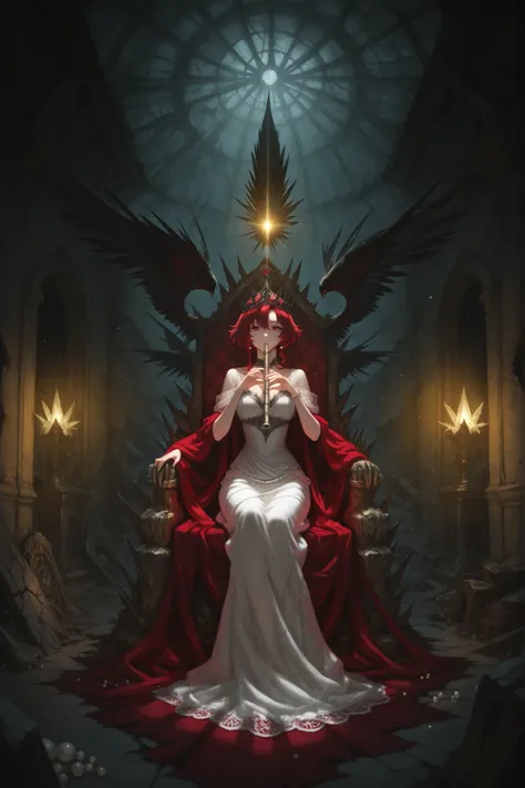 masterpiece, high resolution, detailed photo, noble lady in a silk dress with lace, majestic pose on the marble throne, thin fingers on a golden flute, loose red curls, pearl jewelry, ruined throne room, cracked frescoes, falling light through the broken r...