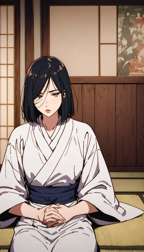 vintage movie, girl, short hair, navy hair, straight hair, woman body, white kimono, tatami, meditating , hyuga clan, shinobi village, konohagakure, (((perfect lips))), perfect hair, looking down, shy, melancholic, ((woman)), ((19 years old)), ((introvert)...