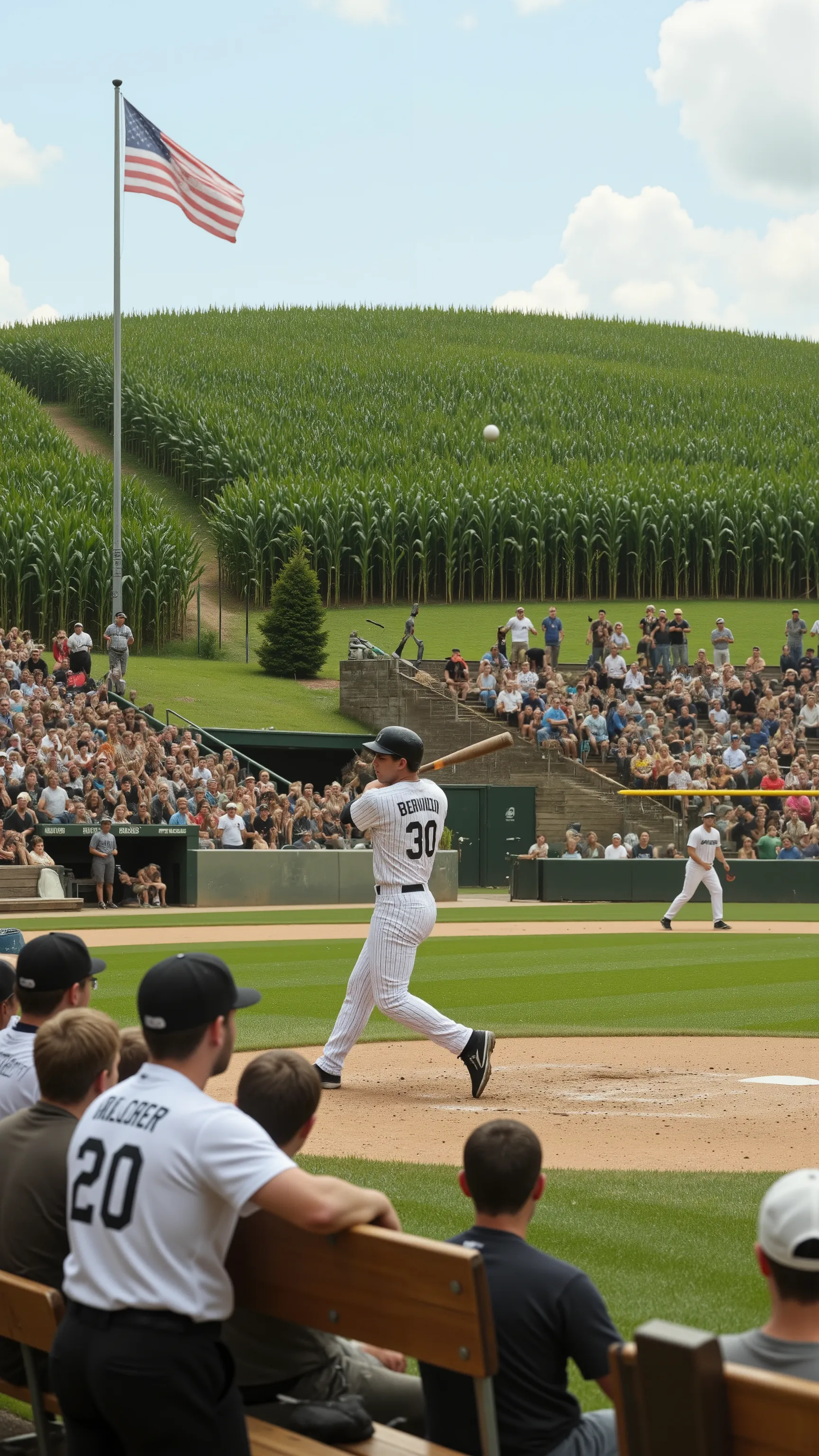 high resolution images、Iowa、the hilly corn field、There is a baseball field at、Shoeless Joe is hitting a home run、the wooden spectator seats are in a big fuss
